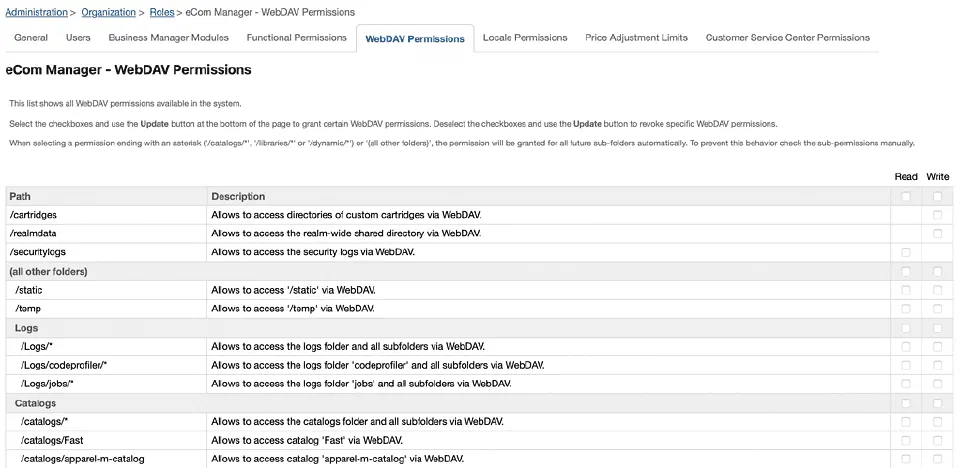 A screenshot of the business manager showing the WebDAV Permissions for the "eCom Manager".
