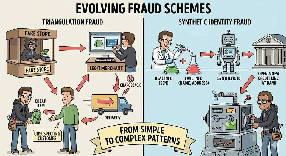 A cartoon illustration depicting complex fraud schemes. One section illustrates 'Triangulation Fraud' showing a circular flow between a fraudster, a legitimate merchant, and an unsuspecting customer. Another section depicts 'Synthetic Identity Fraud' as a figure assembling a fake persona using puzzle pieces labelled with different personal data points like 'SSN' and 'Name'.