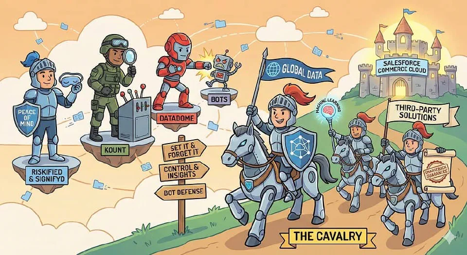 A cartoon illustration depicting 'The Cavalry' of third-party fraud solutions. Armoured knights ride cybernetic horses towards a castle labelled 'Salesforce Commerce Cloud.' Signposts highlight specific vendors like 'Riskified & Signifyd' (Peace of Mind), 'Kount' (Control), and 'DataDome' (Bot Defence), while knights carry banners representing 'Global Data' and 'Machine Learning.'