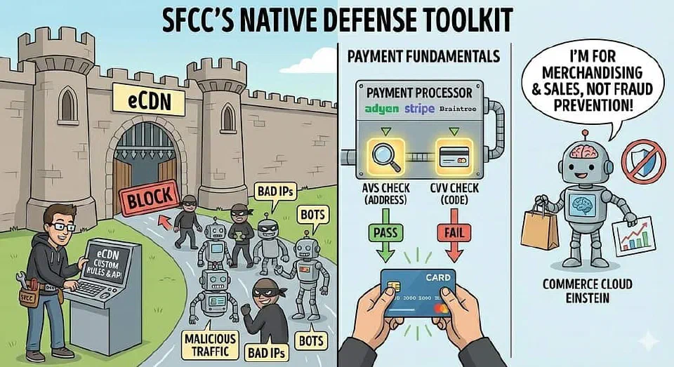 A cartoon illustration showing SFCC's native defence toolkit. On the left, a developer uses eCDN Custom Rules and API to block malicious traffic and bots from entering a castle. In the middle, Payment Processing Fundamentals are depicted with AVS and CVV checks passing or failing a credit card. On the right, a Commerce Cloud Einstein robot states it's for merchandising and sales, not fraud prevention, debunking a myth.