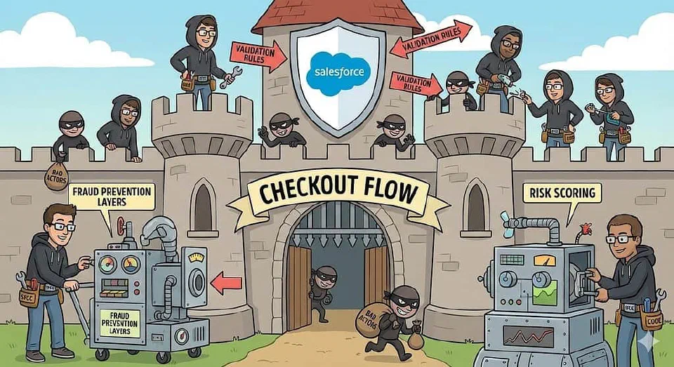 A cartoon illustration depicting a stone fortress labelled 'Checkout Flow'. Developers equipped with tools are building defensive machines labelled 'Fraud Prevention Layers' and 'Risk Scoring' to protect the castle from cartoon burglars, with a Salesforce shield hanging above the gate.