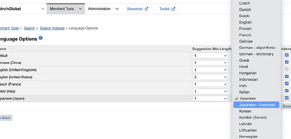 Language Options menu showing the Japanese Improved analyser.
