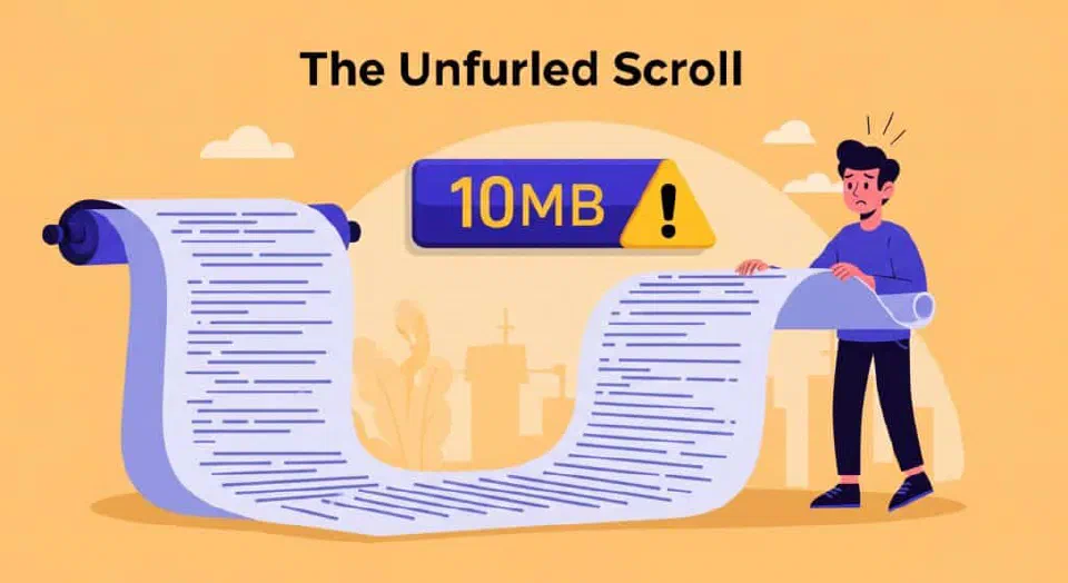 Cartoon of a worried developer beside a giant unfurling scroll representing a bloated ISML template with a 10 MB warning sign.