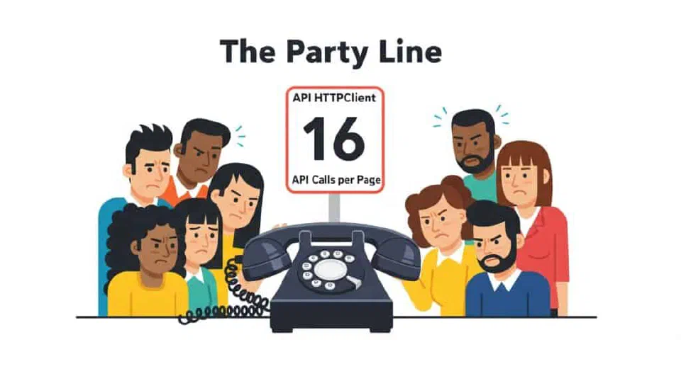 Cartoon of frustrated developers crowded around a party-line telephone labelled '16 API Calls Per Page.'