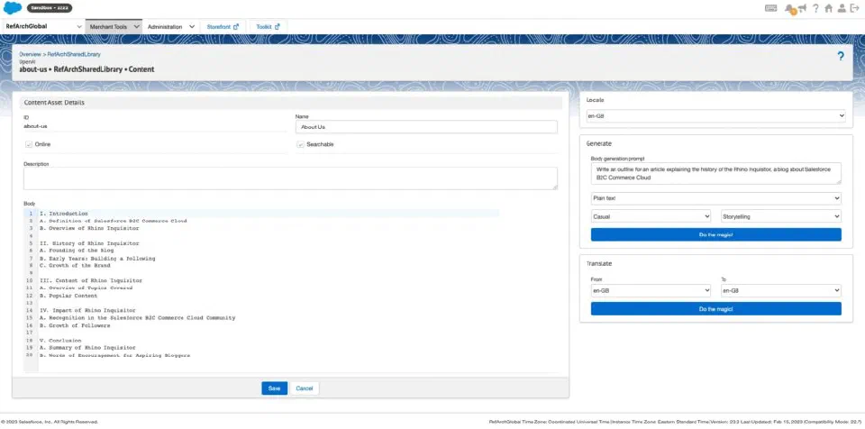 Content asset editor using AI-assisted generation in Salesforce Commerce Cloud.