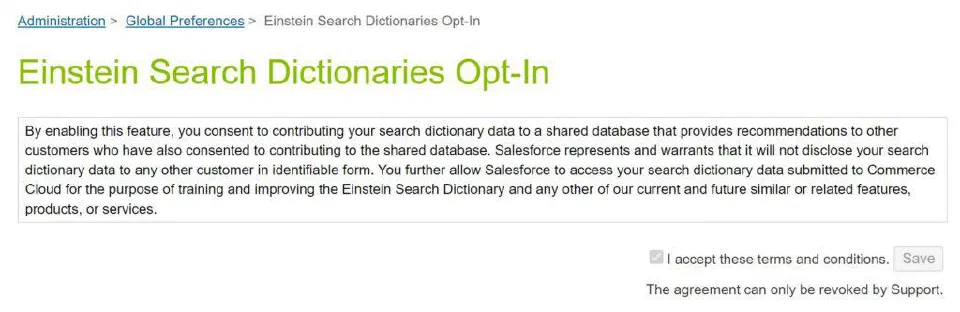 Einstein Search Dictionaries Opt-In consent screen with the terms-of-use checkbox accepted.