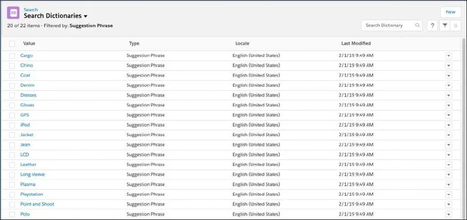 Search Dictionaries list filtered to Suggestion Phrase entries, showing 20 of 22 items.