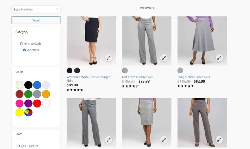 A B2C Commerce category page sorted by 'Best Matches' with colour and price filters in the sidebar.