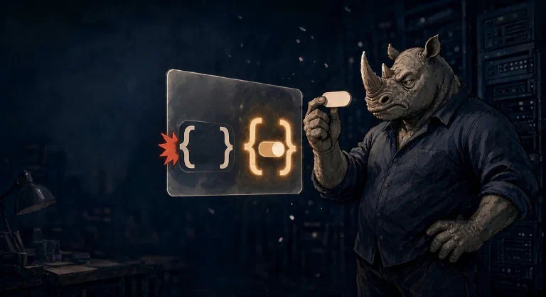 A cartoon rhino developer frowning at a job configuration screen that shows a red schema error next to a curly-brace object.