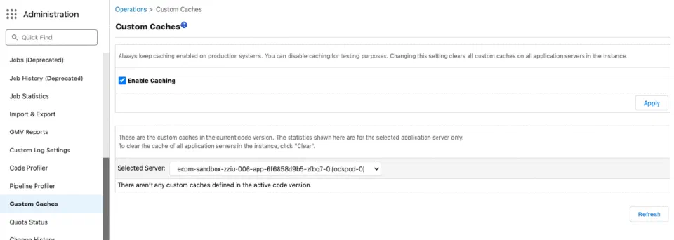 Custom Caches screen in Business Manager.