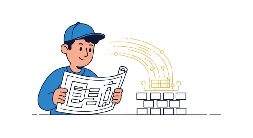 Cartoon blueprint scene illustrating how a custom cache is assembled.