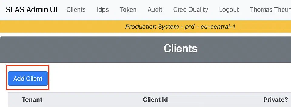 Client list in the SLAS Admin UI.