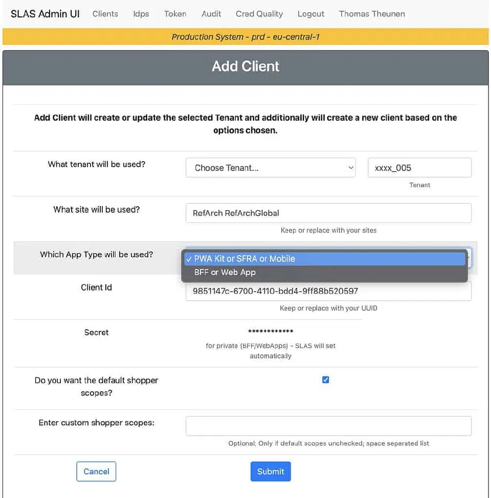 New client form for a PWA Kit SLAS application.