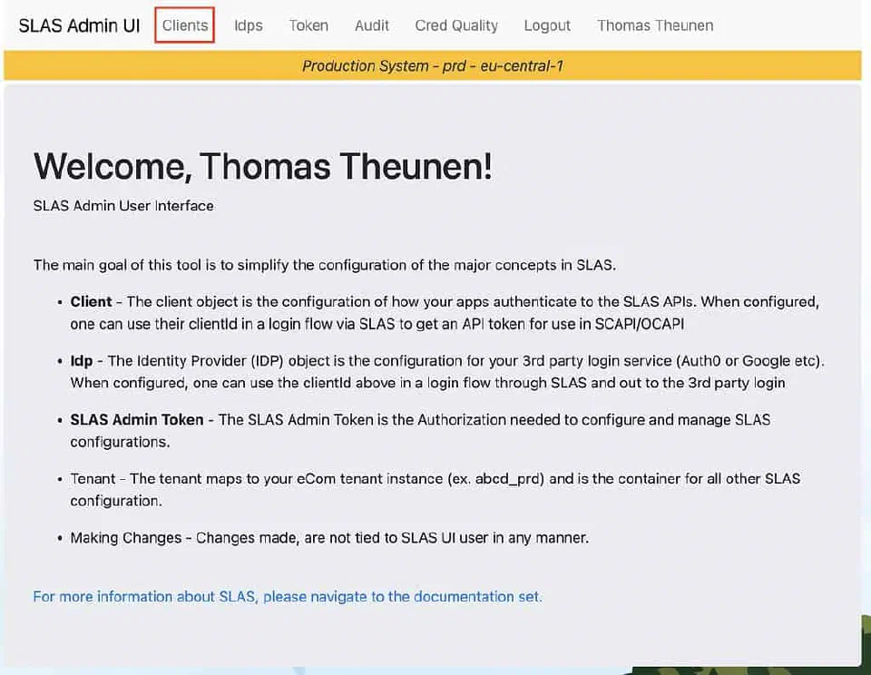 SLAS Admin UI welcome page after a successful sign-in.