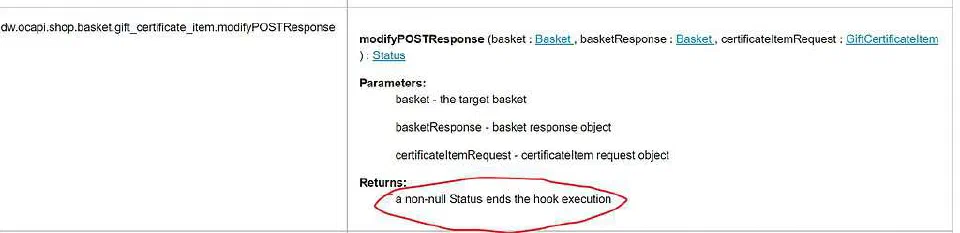 Documentation excerpt showing hook return behaviour for a specific endpoint.