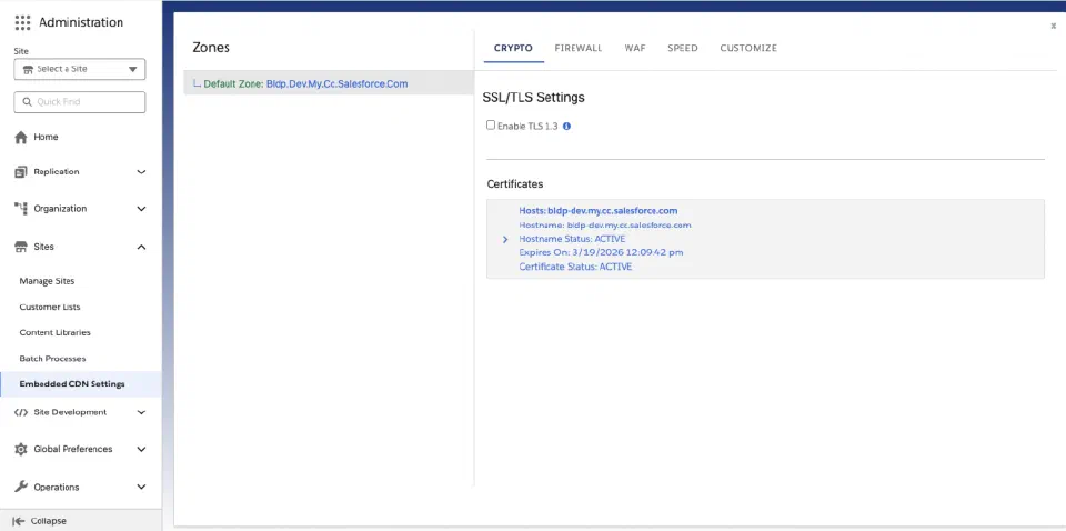 Current Crypto tab with an Enable TLS 1.3 checkbox and an active eCDN-managed certificate.