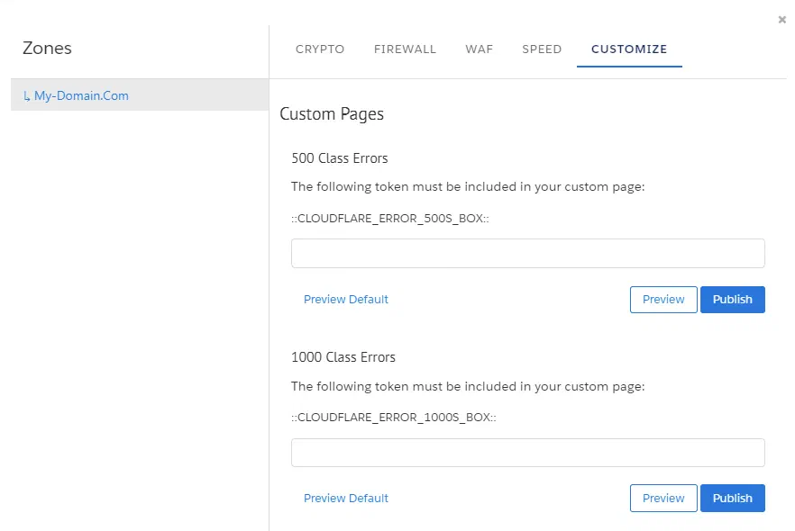 Custom error page settings for the embedded CDN.