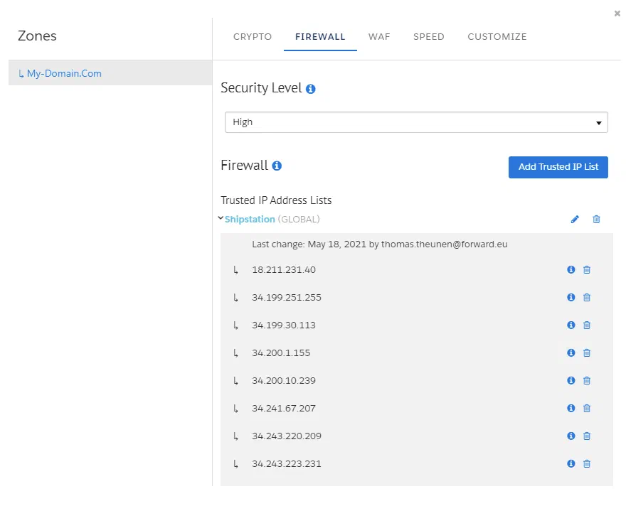Firewall settings for security level and trusted IPs.