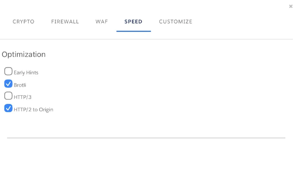 Current Speed tab with checkboxes for Early Hints, Brotli, HTTP/3, and HTTP/2 to Origin.