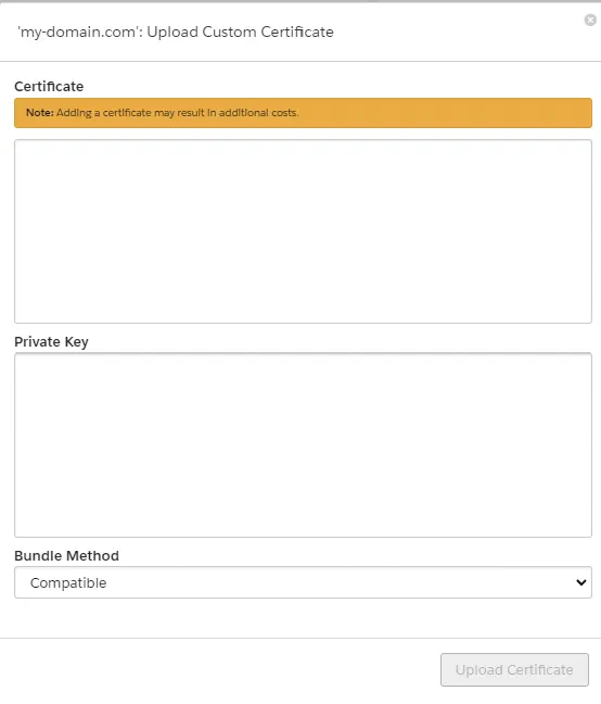 Certificate upload form for the embedded CDN.