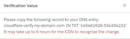 Verification details with the required TXT record value.
