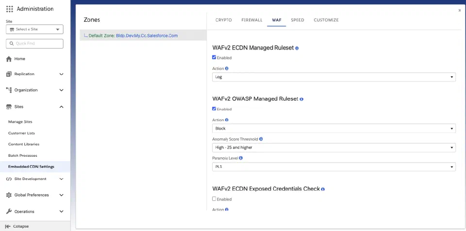WAF tab with the WAFv2 eCDN managed, OWASP managed, and exposed credentials rulesets.
