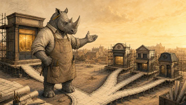 A cartoon rhino architect at a fork: one path leads to a single storefront, the other splits into several branded ones.