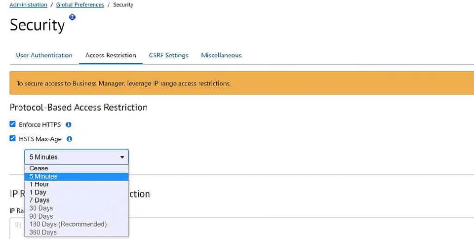HSTS max-age setting shown in Business Manager.