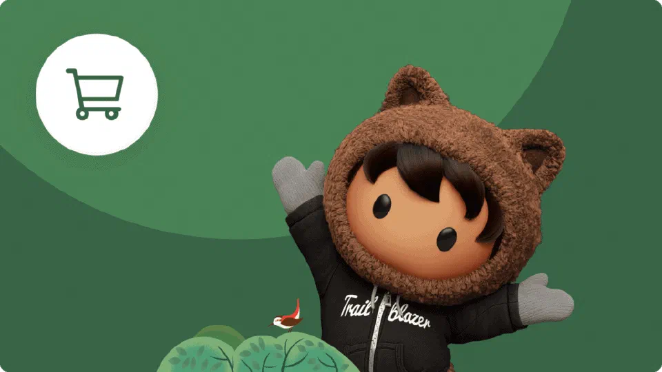 Astro the Trailhead mascot cheering with arms raised next to a shopping cart icon, representing Commerce Cloud Trailhead content.