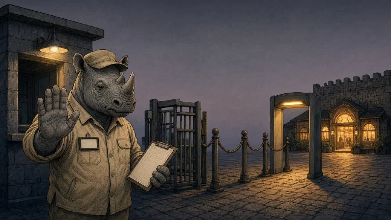 A rhino guard raises a hand to stop a visitor, holding a clipboard beside an iron gate, a rope barrier, and a lit scanner arch.