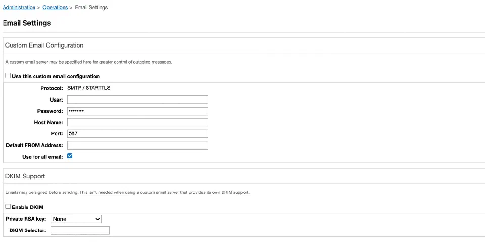 Email Settings screen used to configure SMTP and DKIM options.