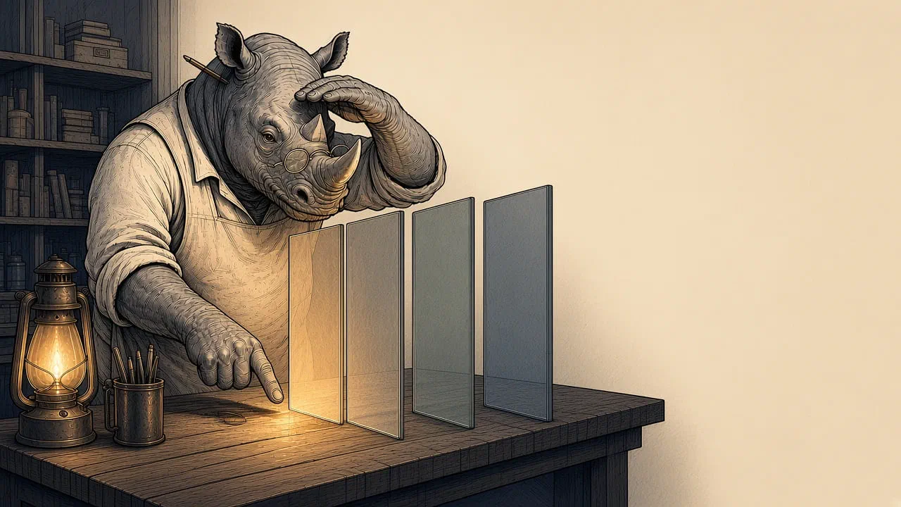 A cartoon rhino at a desk points to the first of four upright translucent panes, the only one lit by the lantern.