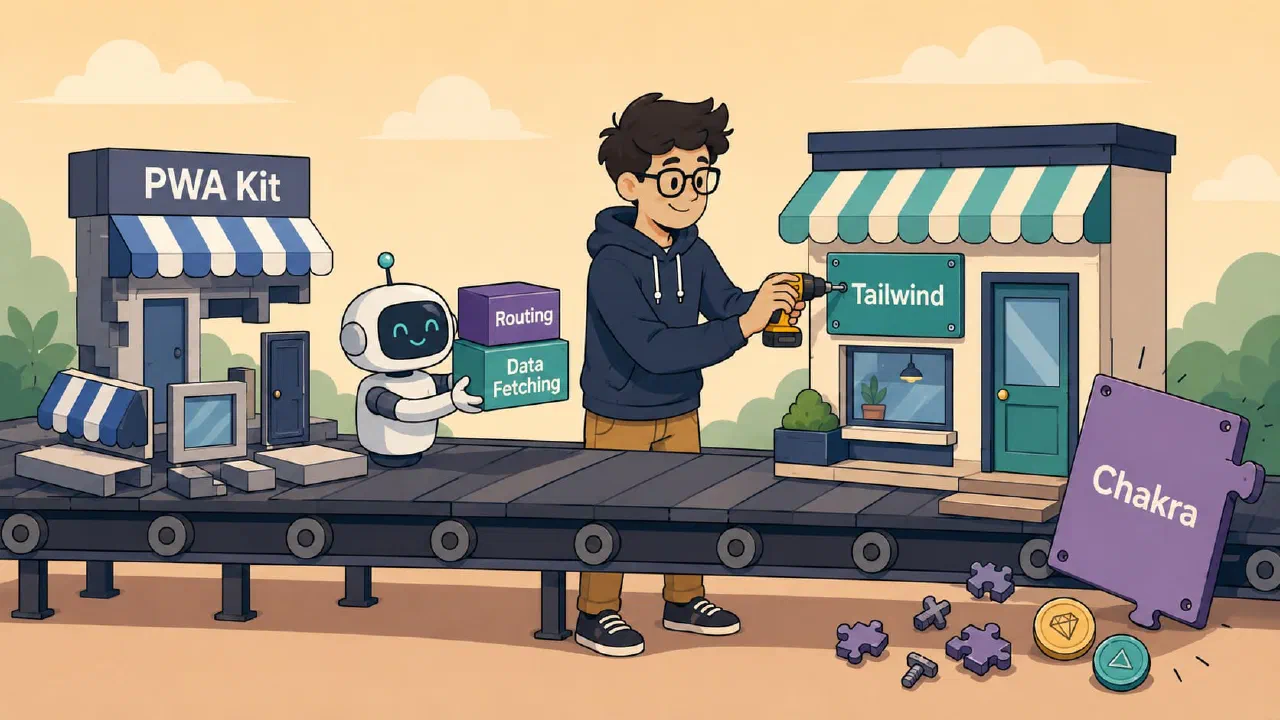 Cartoon developer swaps a Chakra UI panel for a Tailwind one on a storefront conveyor belt, while a robot hands over routing and data-fetching pieces.