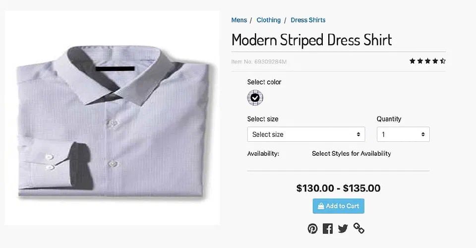 A variation group product detail page of a shirt where the variants have different prices, ending up with a 'range'.