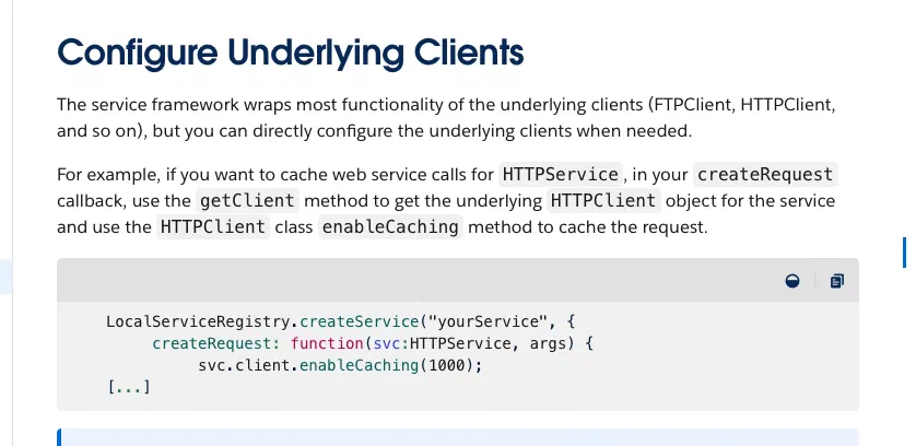 Official documentation snippet showing enableCaching on an HTTP service