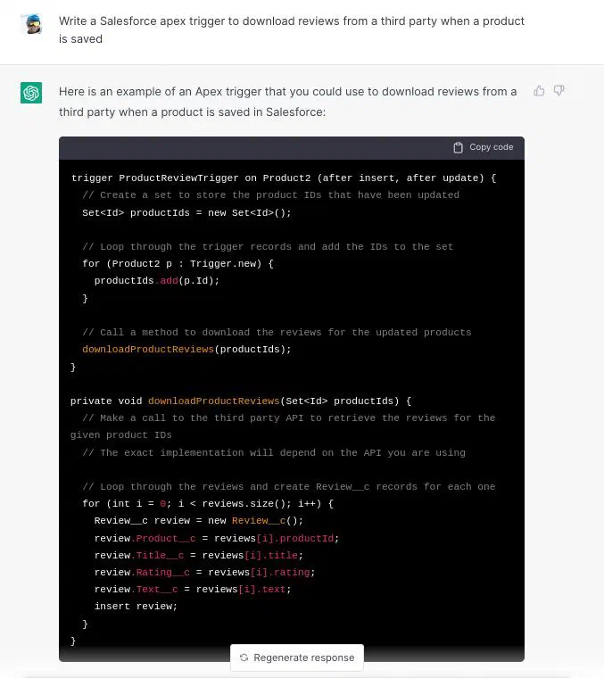 ChatGPT Apex trigger attempt for downloading product reviews.