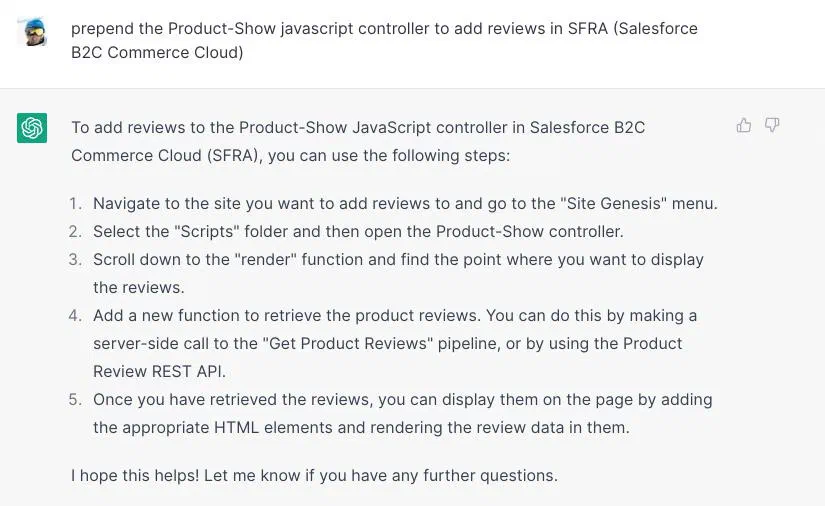 ChatGPT attempt to prepend an SFRA controller.