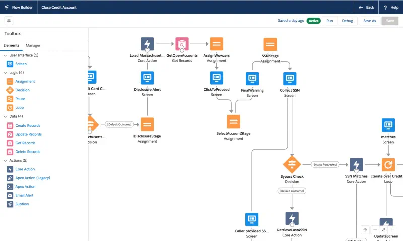 Salesforce Flow builder as a no-code automation option on the core platform.