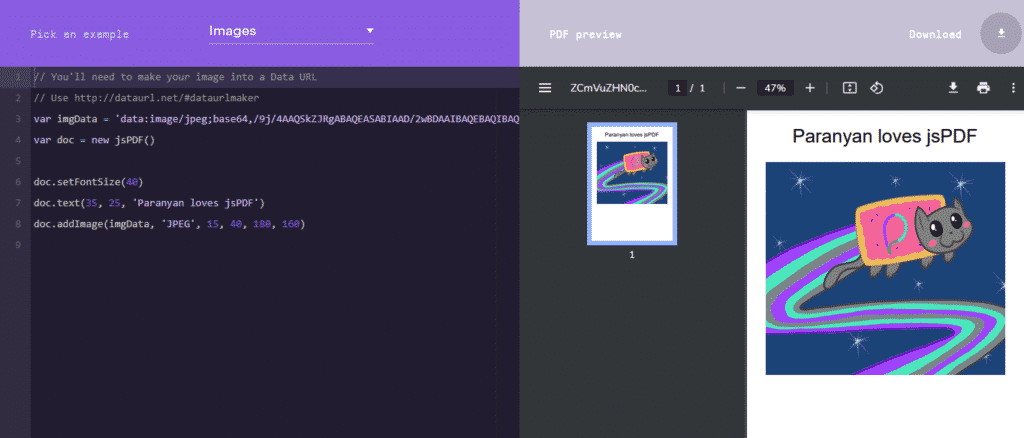 PDF And Salesforce B2C Commerce Cloud 1 An example of code using jsPDF and the resulting PDF preview on the right.