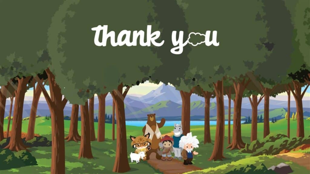 A drawing of Salesforce mascots waving with a "Thank You" message.