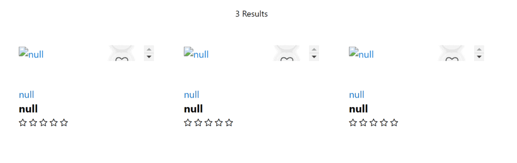 A screenshot of a broken product lister page, showing all attributes as "null" instead of product data.