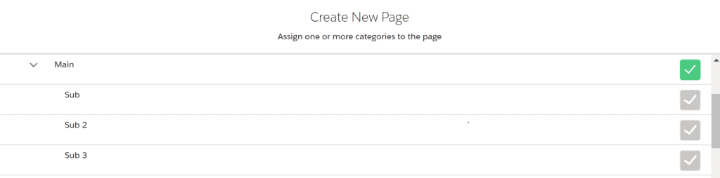 A screenshot of page designer where a user selects a category to assign the page to.