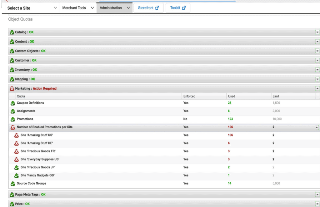 site specific quota limit information