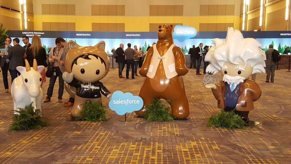 A group of Salesforce Mascots at a Salesforce event. Are they JavaScript Certified, I wonder?