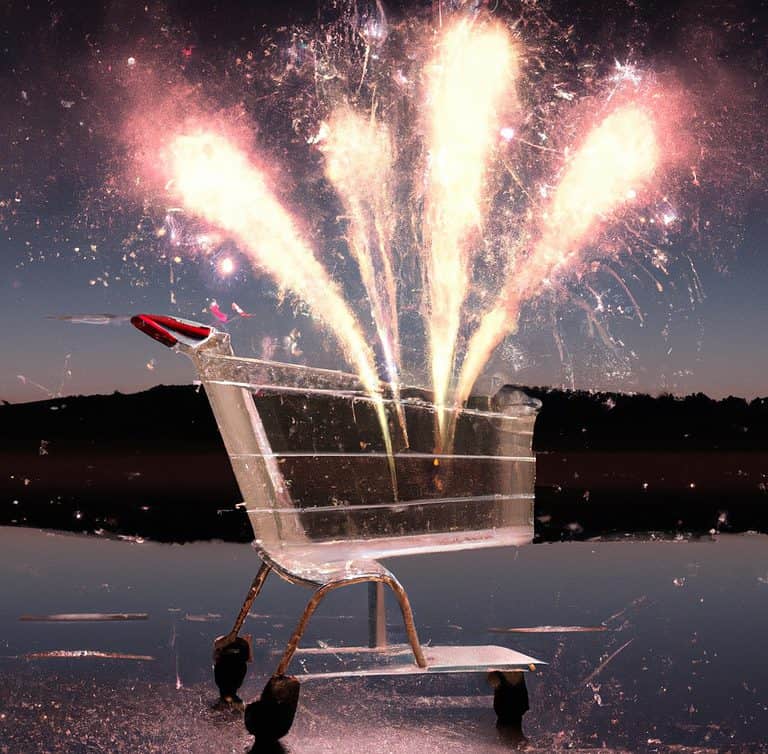 a shopping cart with fireworks