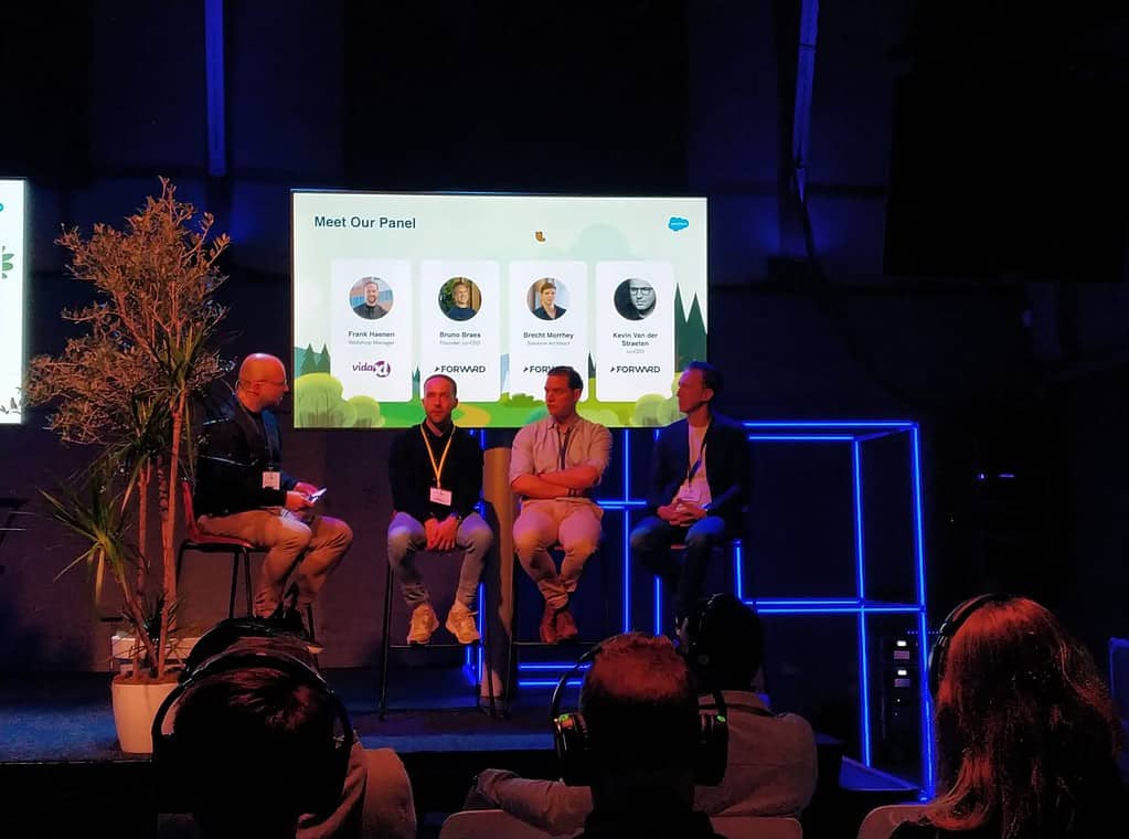 A panel of four people sitting in front of a presentation about VidaXL at 'A New Day for Commerce'.