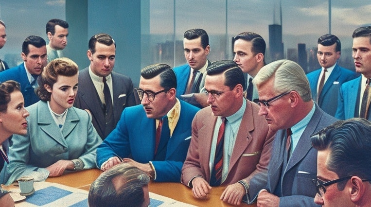 A group of men and women sitting around a table e, drawn in the style of the 50's