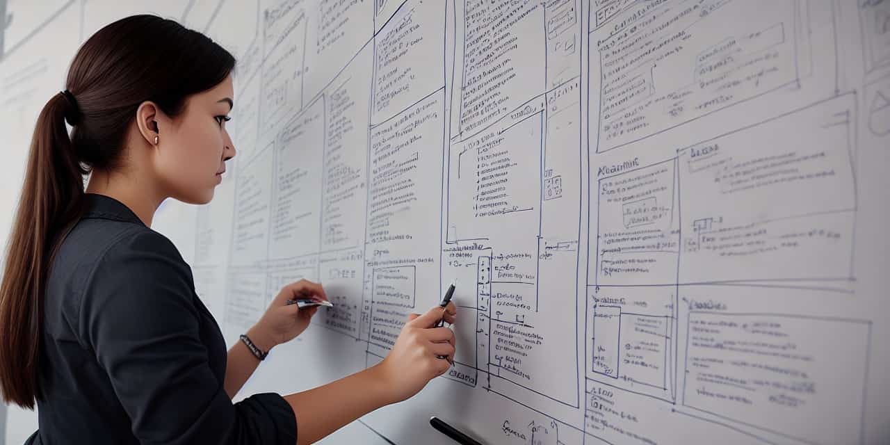 A woman is writing on a whiteboard with a marker.