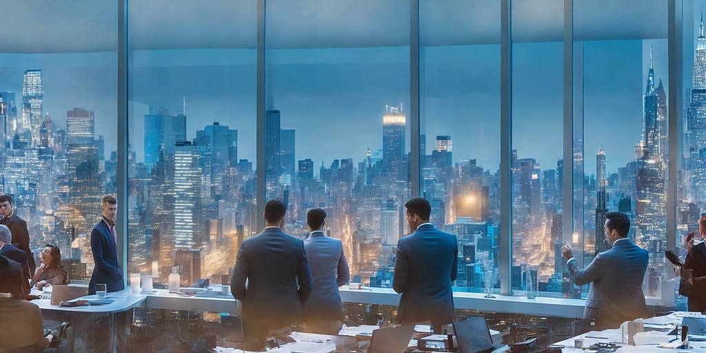 A digital drawing of a group of people standing in front of a window, looking at the skyscrapers of a modern city illuminated in the night.