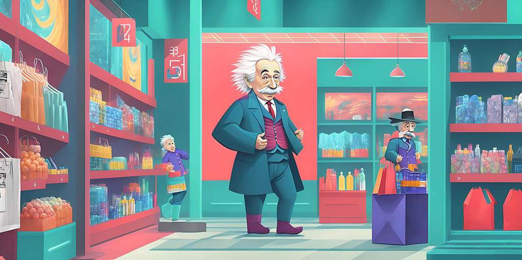 A drawing of Einstein standing in a store, wearing a green vest with a red tie and shoes. The store walls are painted red and green, with the shopping racks filled with clothes and perfume.